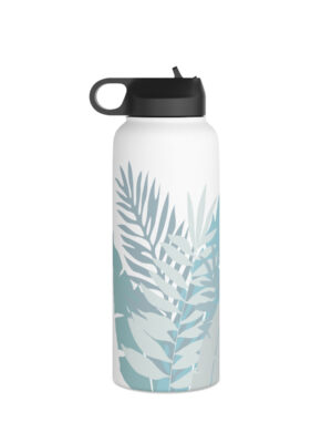 Water Bottle, 32 oz Stainless Steel with Sip Straw- Whispering Leaves in Blue