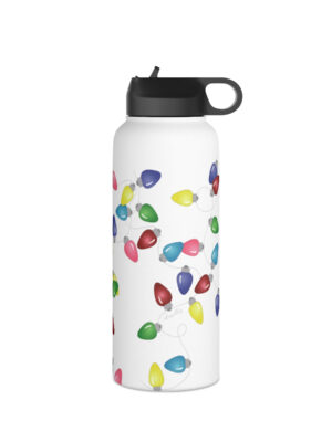 Water Bottle, 3 sizes, Stainless Steel with Sip Straw- Holiday Lights